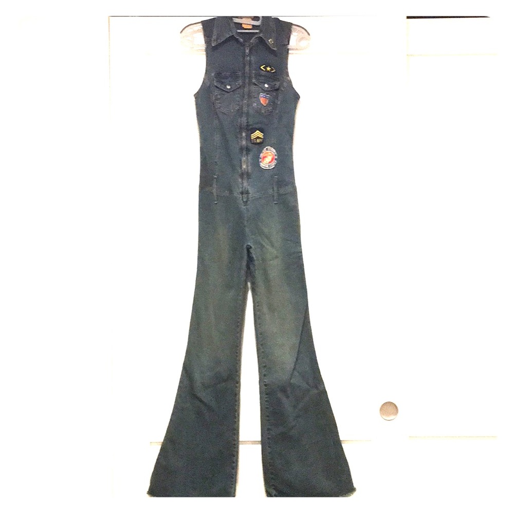 Vintage stretch denim moto biker jumpsuit onepiece